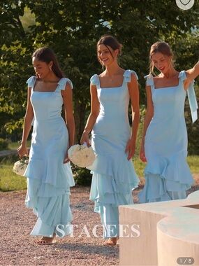 NWT STACEES Light Blue Tiered Ruffle Dress with Bow Straps SKY BLUE